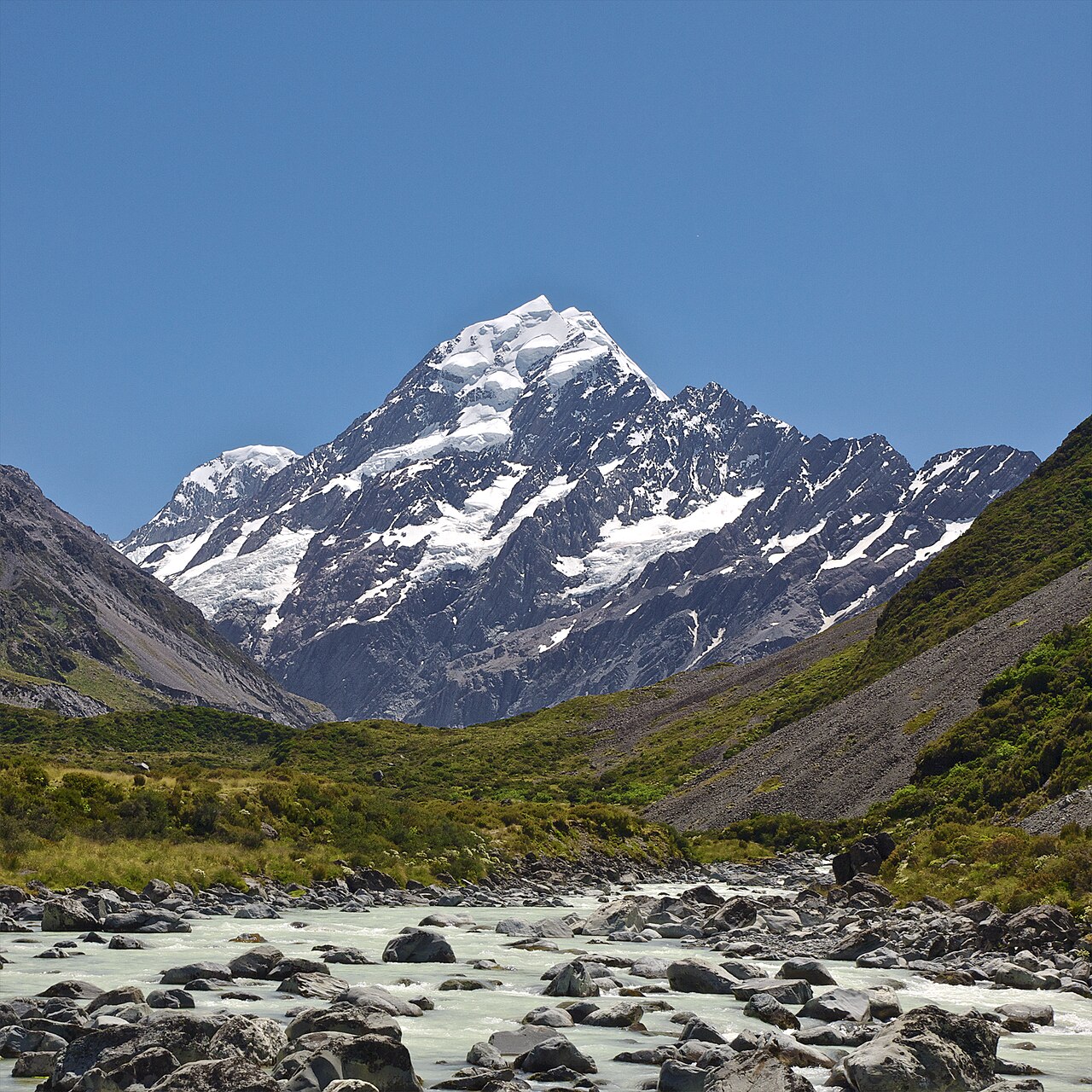 Aoraki Mount Cook with snow-capped alpine peaks and rugged mountain valley